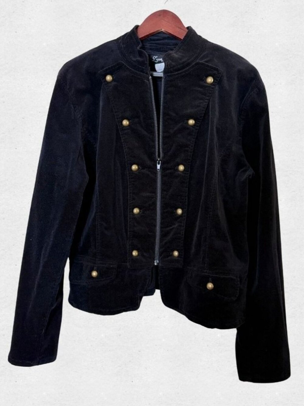 Vintage Black Corduroy Military Jacket Gold Button Front Zip Up Coat XL Goth